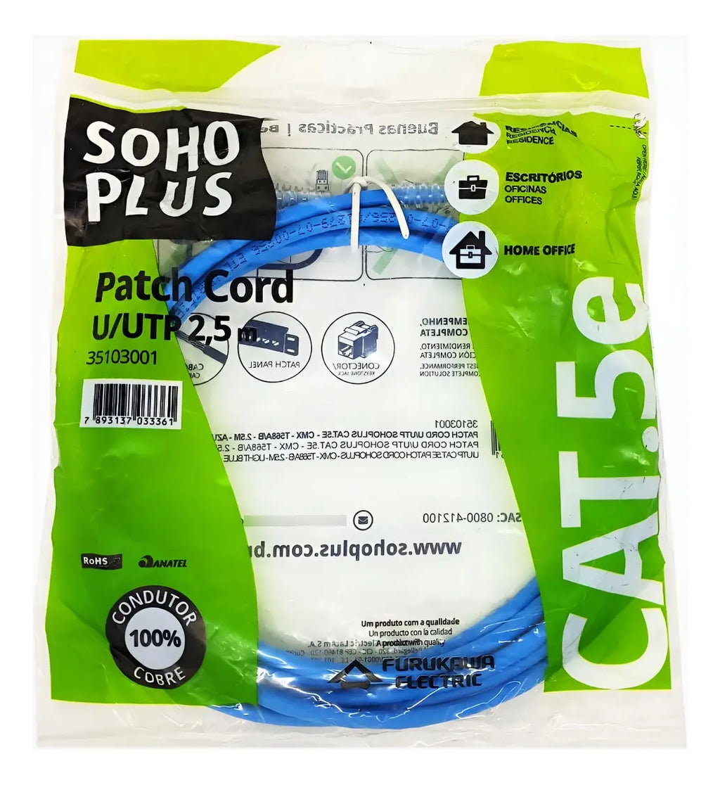 Patch Cord Utp Cat5e Cmx  2,5m T568A/B Azul  Soho Plus Furukawa